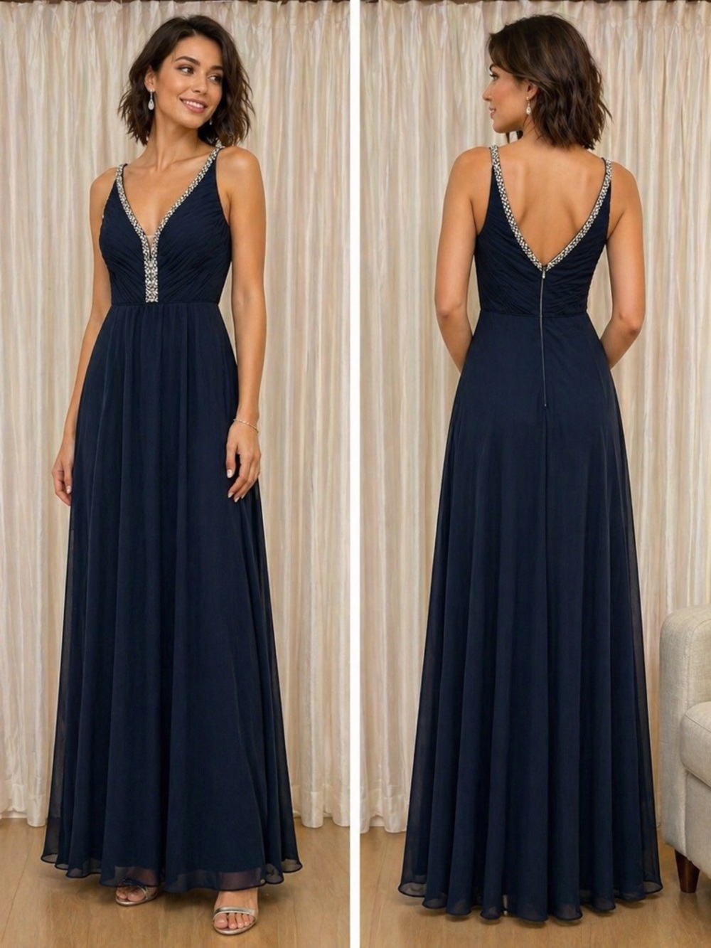 Aidan Mattox Navy Maxi Gown with Crystal V-Neck